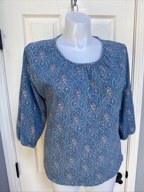 BIT & BRIDLE Womens Pullover Blue Floral Print 3/4 sleeve ruched boho Shirt sz L
